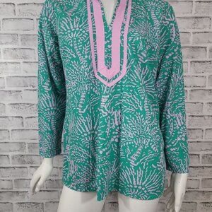 NWOT Bellisima by Kim Gravel Key West Long Sleeve Tunic Teal Pink Medium Petite